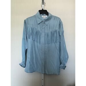 Vintage Petite Sophisticate Women's Western Silk Shirt with Fringe Medium Blue